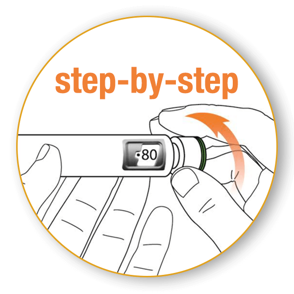 Step-by-step diagram: patient fingers rotating TYMLOS pen knob to set 80 mcg in injection pen window
